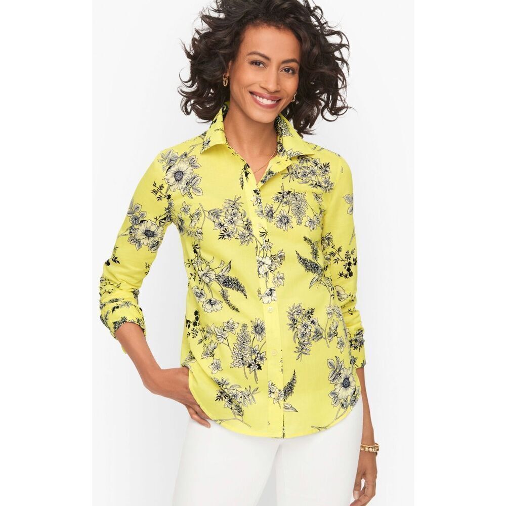 Talbots Floral Button Down Shirt Yellow Black Womens Long‎ Sleeve